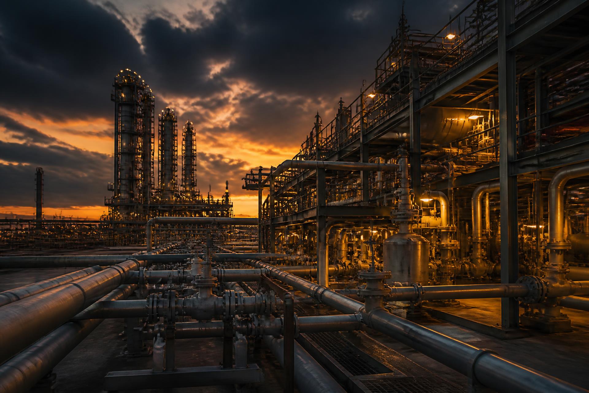 Instalación industrial petrolera con líneas de proceso al atardecer